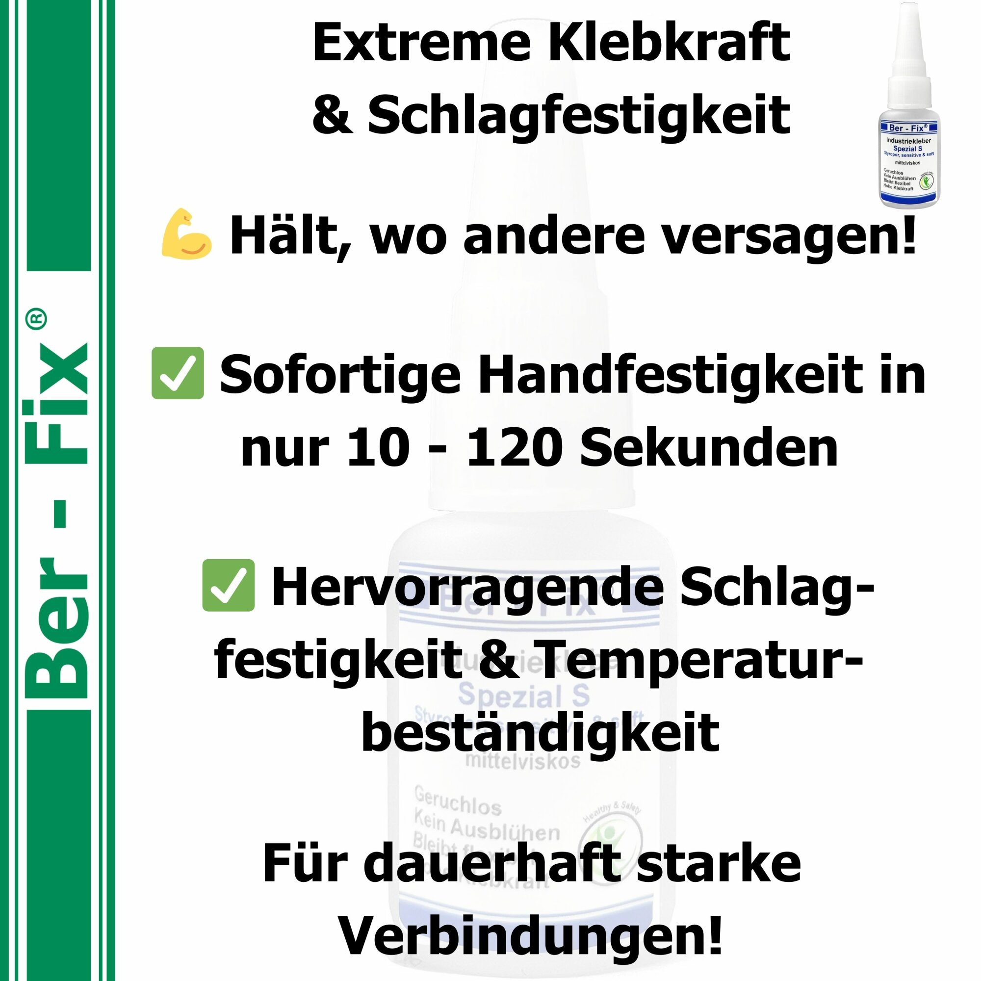 Ber-Fix® Industriekleber Spezial S 100mPas dickflüssig/mittelviskos 50g - mit"der Nadel im Verschluß" Sekundenkleber extra stark geruchsfrei blüht nicht aus