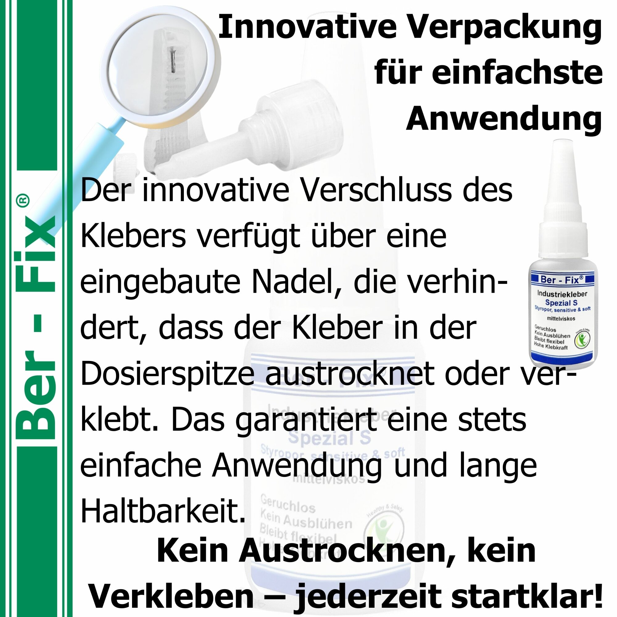 Ber-Fix® Industriekleber Spezial S 100mPas dickflüssig/mittelviskos 50g - mit"der Nadel im Verschluß" Sekundenkleber extra stark geruchsfrei blüht nicht aus