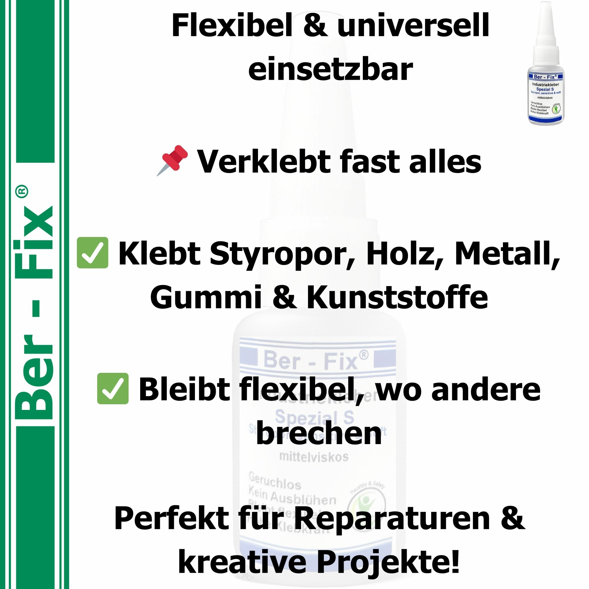 Ber-Fix® Industriekleber Spezial S 100mPas dickflüssig/mittelviskos 50g - mit"der Nadel im Verschluß" Sekundenkleber extra stark geruchsfrei blüht nicht aus