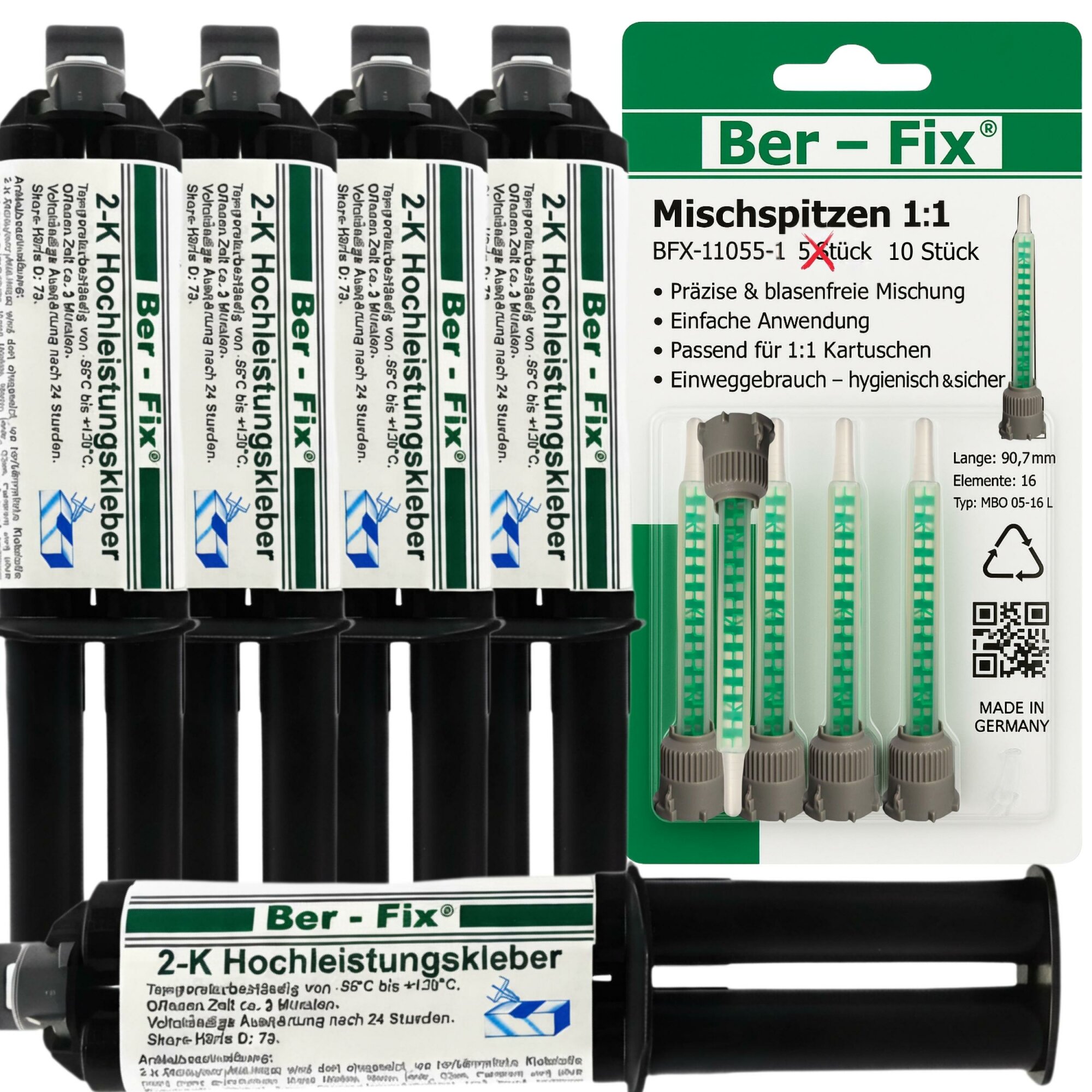 Ber-Fix® 2K-MMA-Hochleistungskleber 3 Min. für schnelle Kunststoff- & Metallreparaturen – 5×25 g + 5 Extra-Mischdüsen