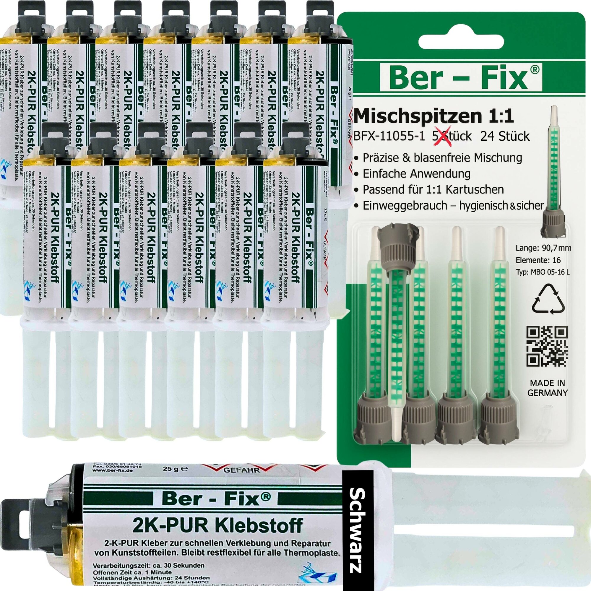 Ber-Fix® 2K-PUR Kleber schwarz – Hochfester Konstruktionskleber – 14x 25g + 10 Extra Düsen
