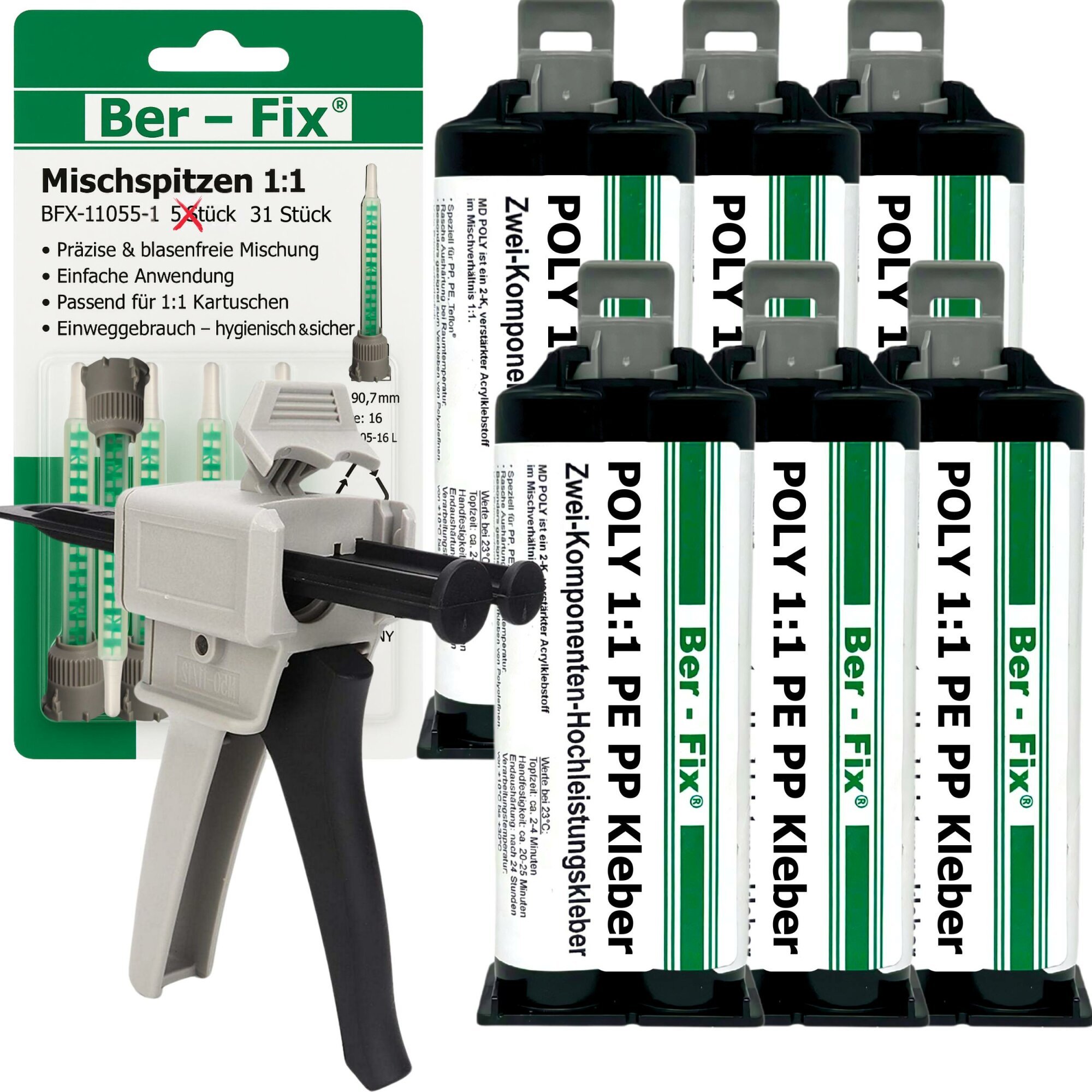 Ber-Fix® Poly 1:1 PE/PP-Kleber 6 × 50 g + 25 Extra-Mischdüsen + 1:1-Dosierpistole – ohne zusätzlichen Primer