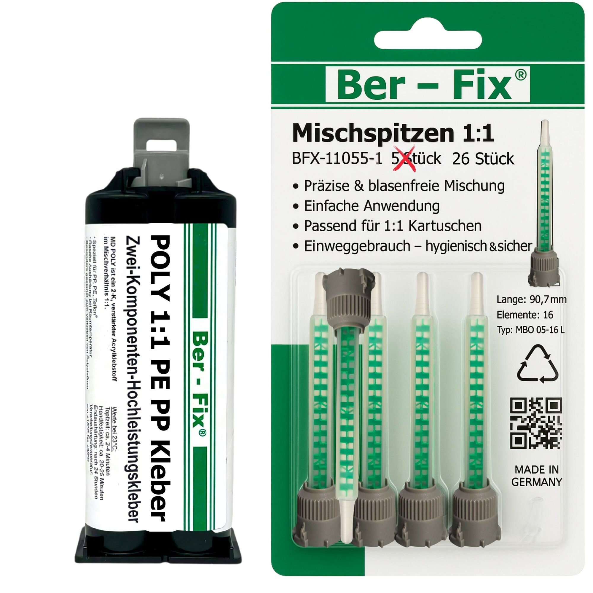Ber-Fix® Poly 1:1 PE/PP-Kleber 50 g + 25 Extra-Mischdüsen – ohne zusätzlichen Primer