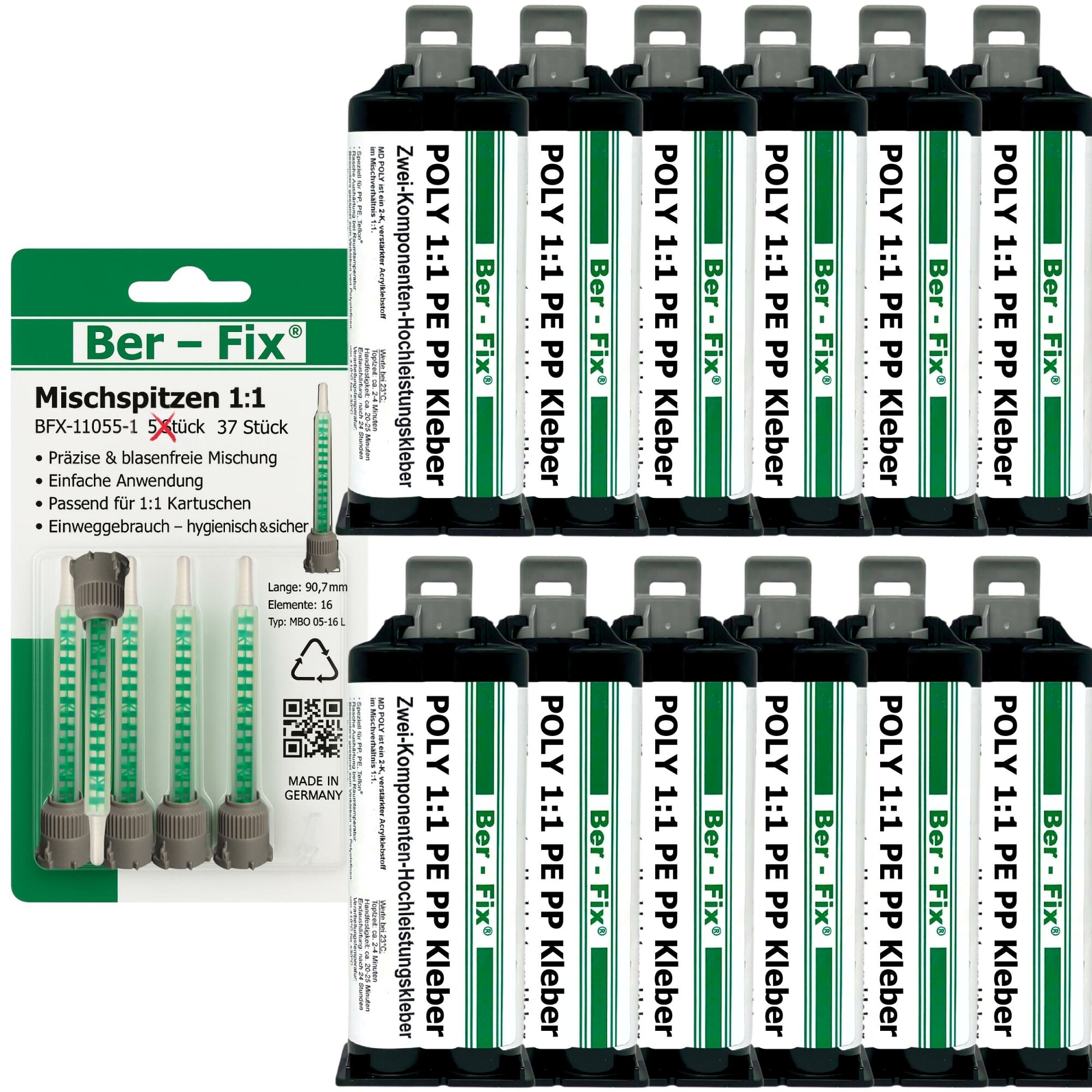 Ber-Fix® Poly 1:1 PE/PP-Kleber 12 × 50 g + 25 Extra-Mischdüsen – ohne zusätzlichen Primer