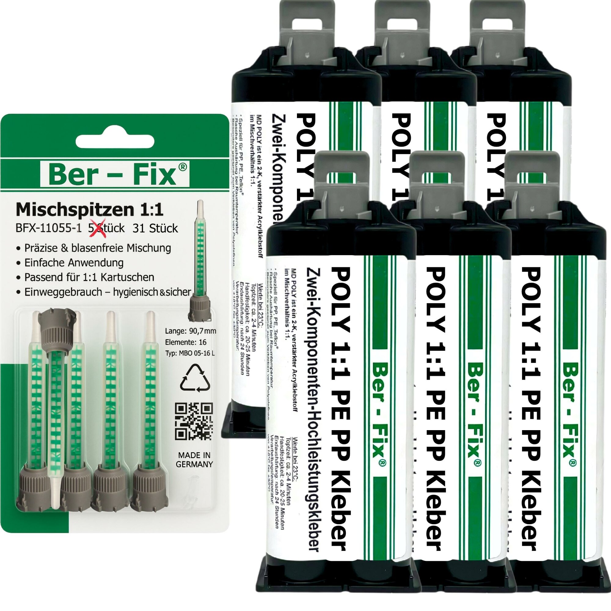 Ber-Fix® Poly 1:1 PE/PP-Kleber 6 × 50 g + 25 Extra-Mischdüsen – ohne zusätzlichen Primer