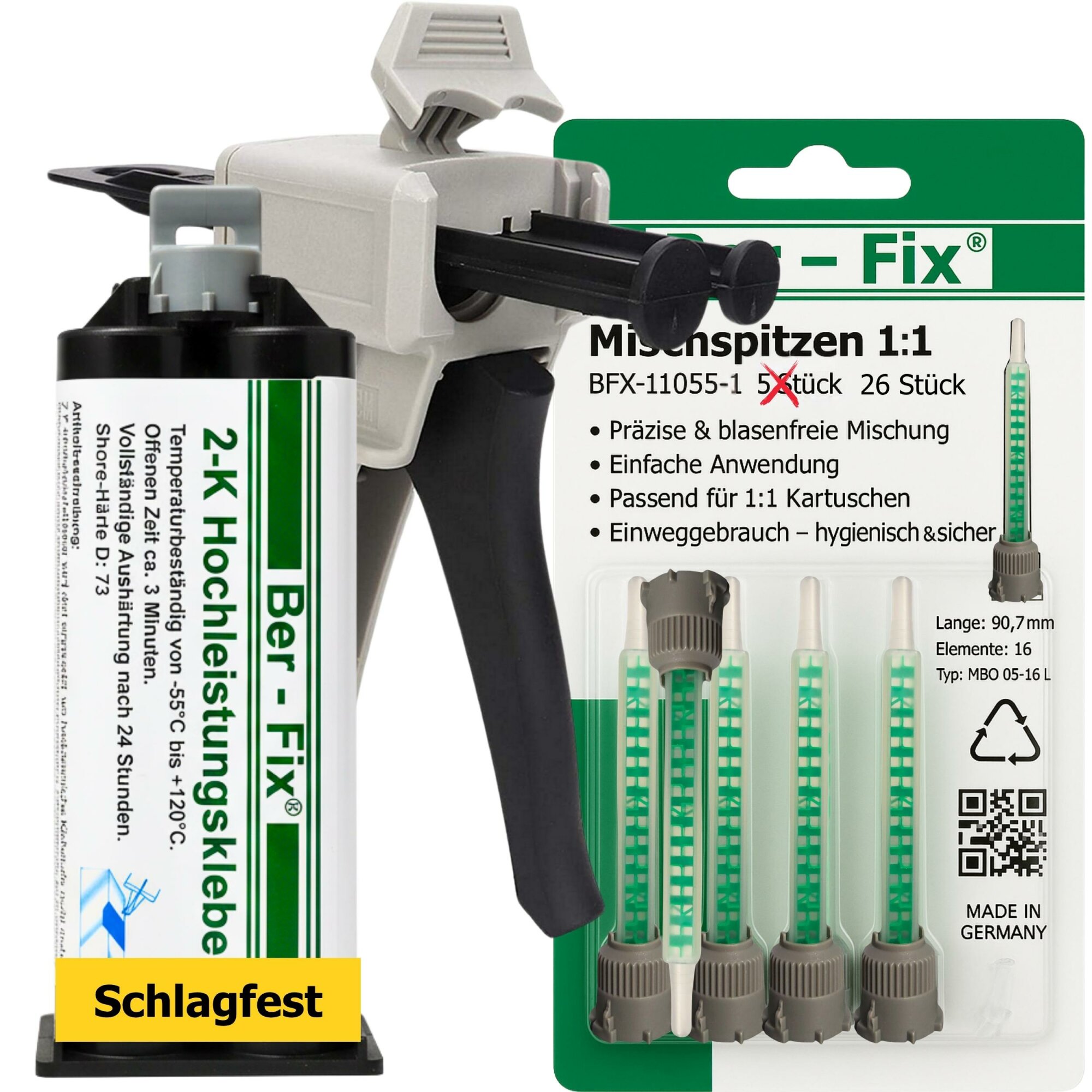 Ber-Fix® 2K-MMA-Hochleistungskleber 3 Min. für schnelle Kunststoff- & Metallreparaturen – 50 g + 25 Extra-Mischdüsen + Dosierpistole