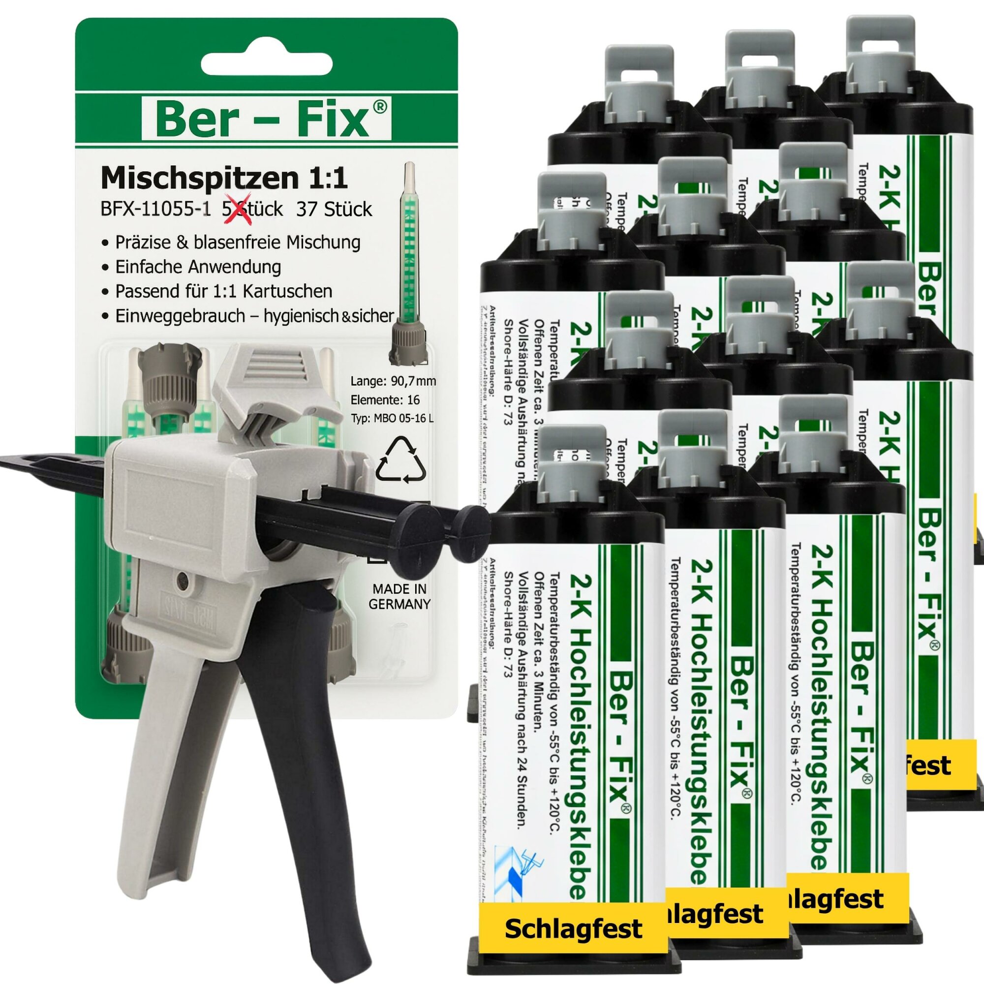 Ber-Fix® 2K-Hochleistungskleber 3 Min. 12x 50g  + 25 Extra Düsen + Dosierpistole