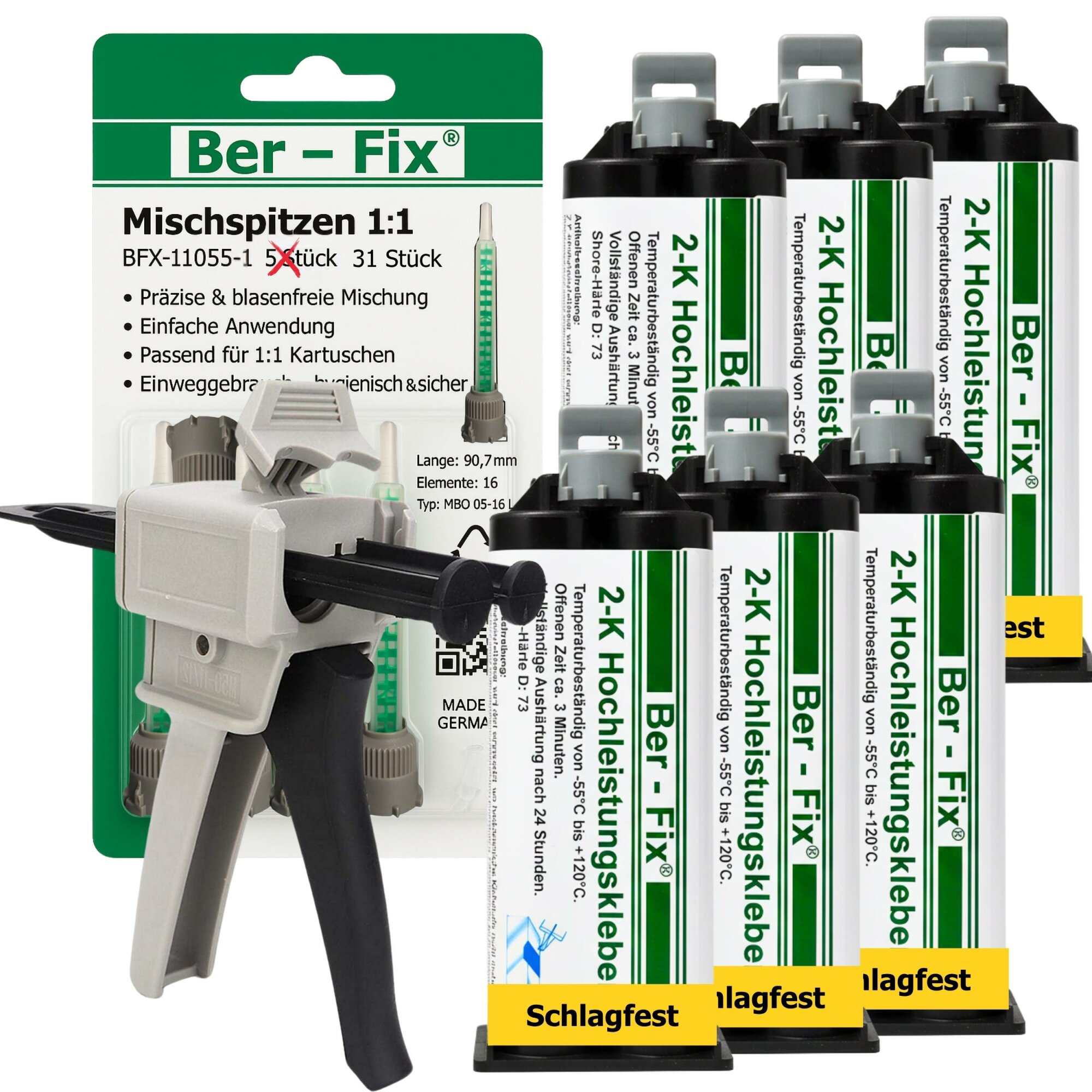 Ber-Fix® 2K-MMA-Hochleistungskleber 3 Min. für schnelle Kunststoff- & Metallreparaturen – 6×50 g + 25 Extra-Mischdüsen + Dosierpistole