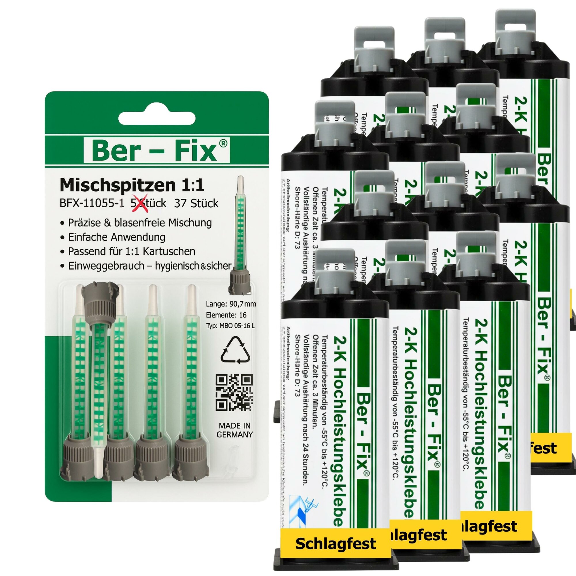 Ber-Fix® 2K-MMA-Hochleistungskleber 30 Min. für längere Ausrichtung an Kunststoff & Metall – 12×50 g + 25 Extra-Mischdüsen