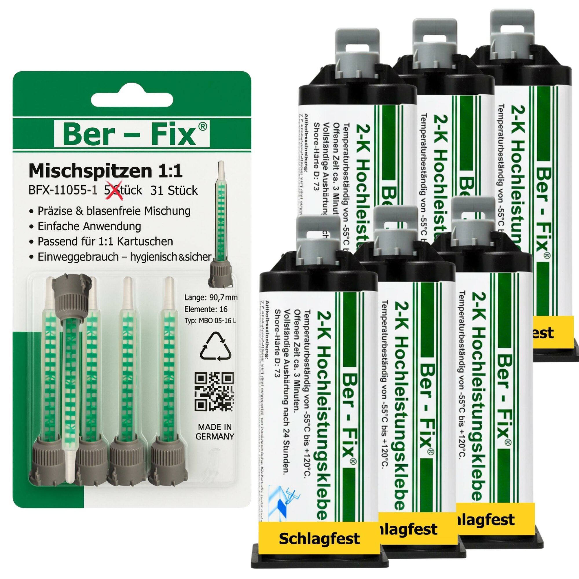 Ber-Fix® 2K-MMA-Hochleistungskleber 30 Min. für längere Ausrichtung an Kunststoff & Metall – 6×50 g + 25 Extra-Mischdüsen