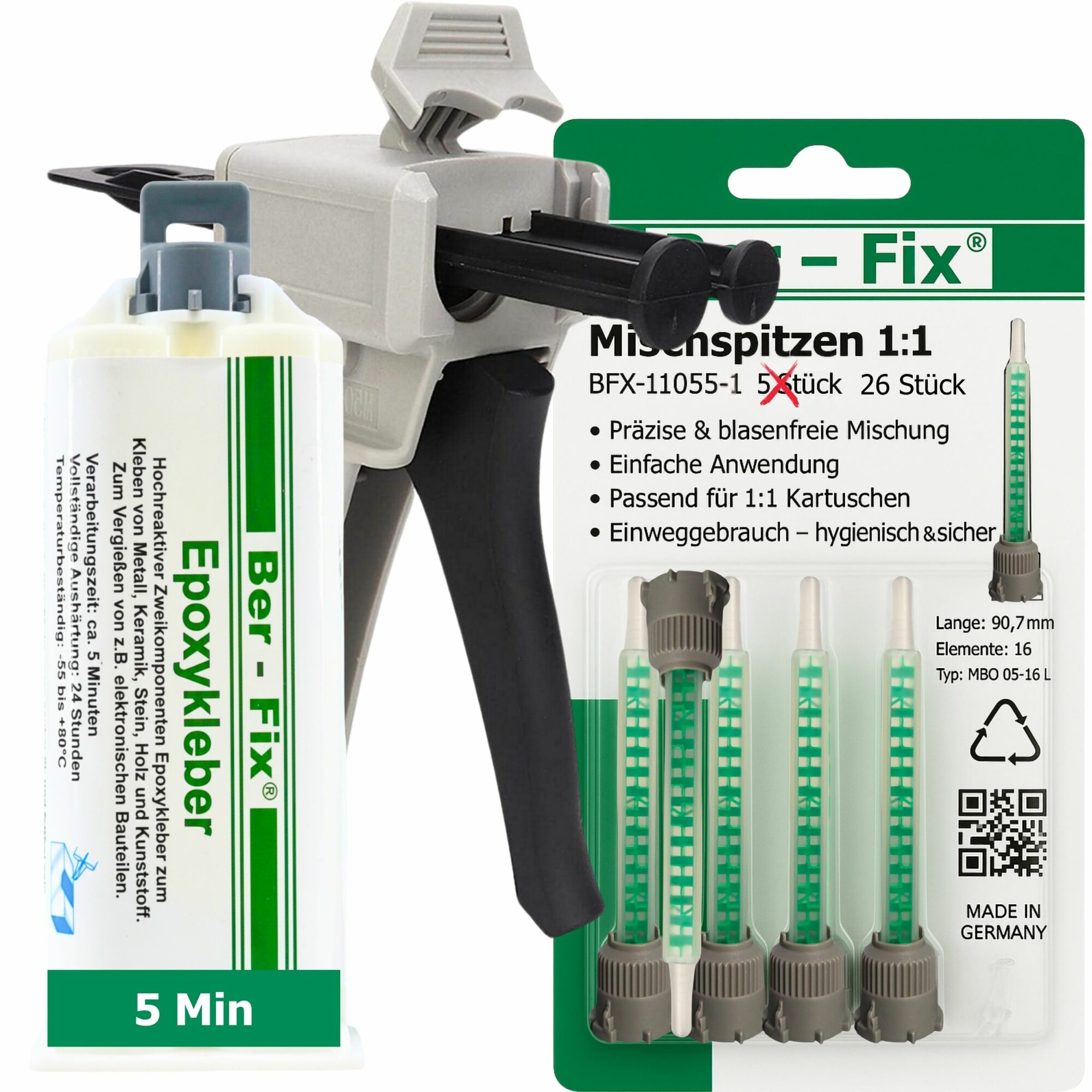 Ber-Fix® 2K Epoxidkleber 5 Min. 50 g + 25 Mischdüsen + Dosierpistole