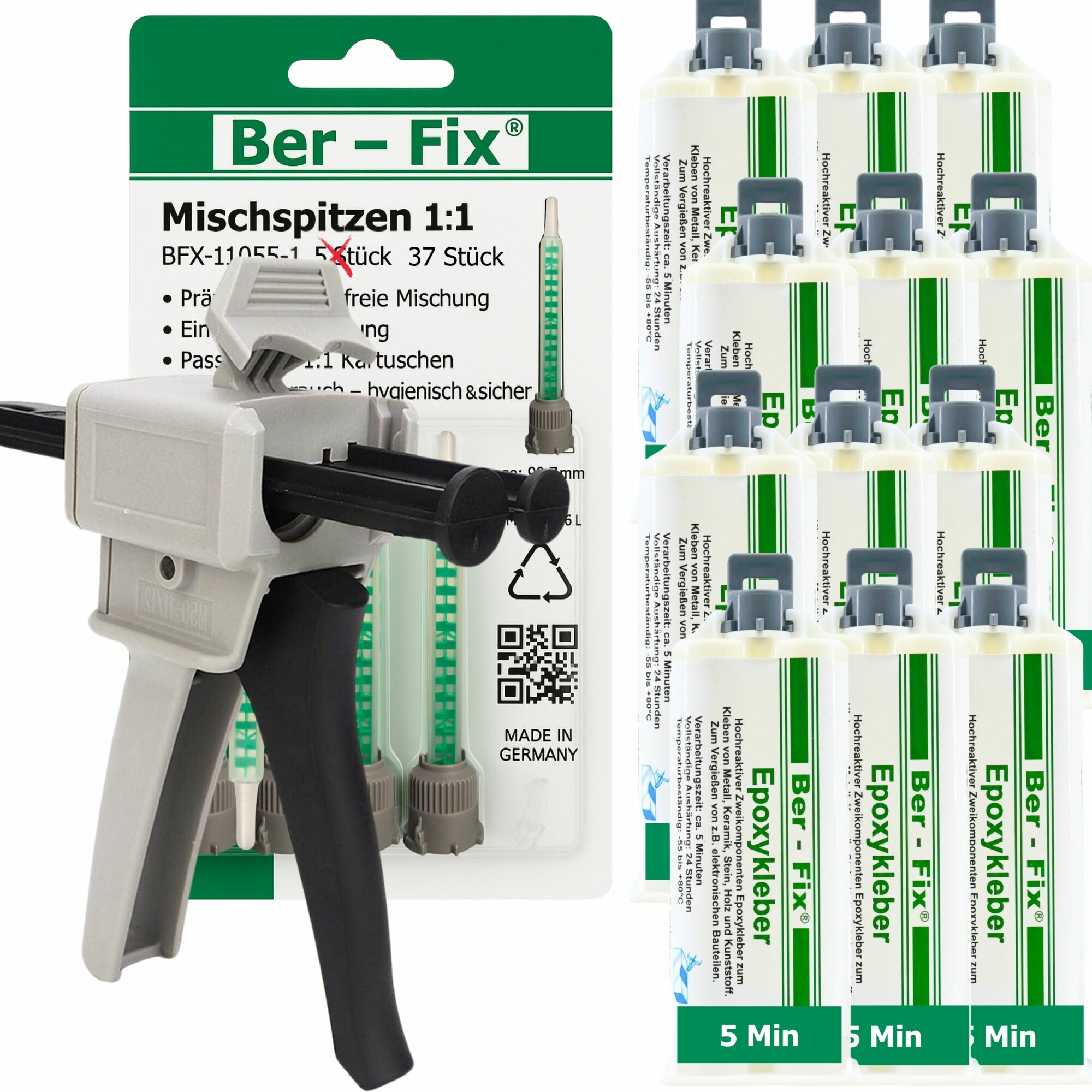 Ber-Fix® Epoxykleber 5 Min. 12x 50g + 25 Extra Düsen + Dosierpistole
