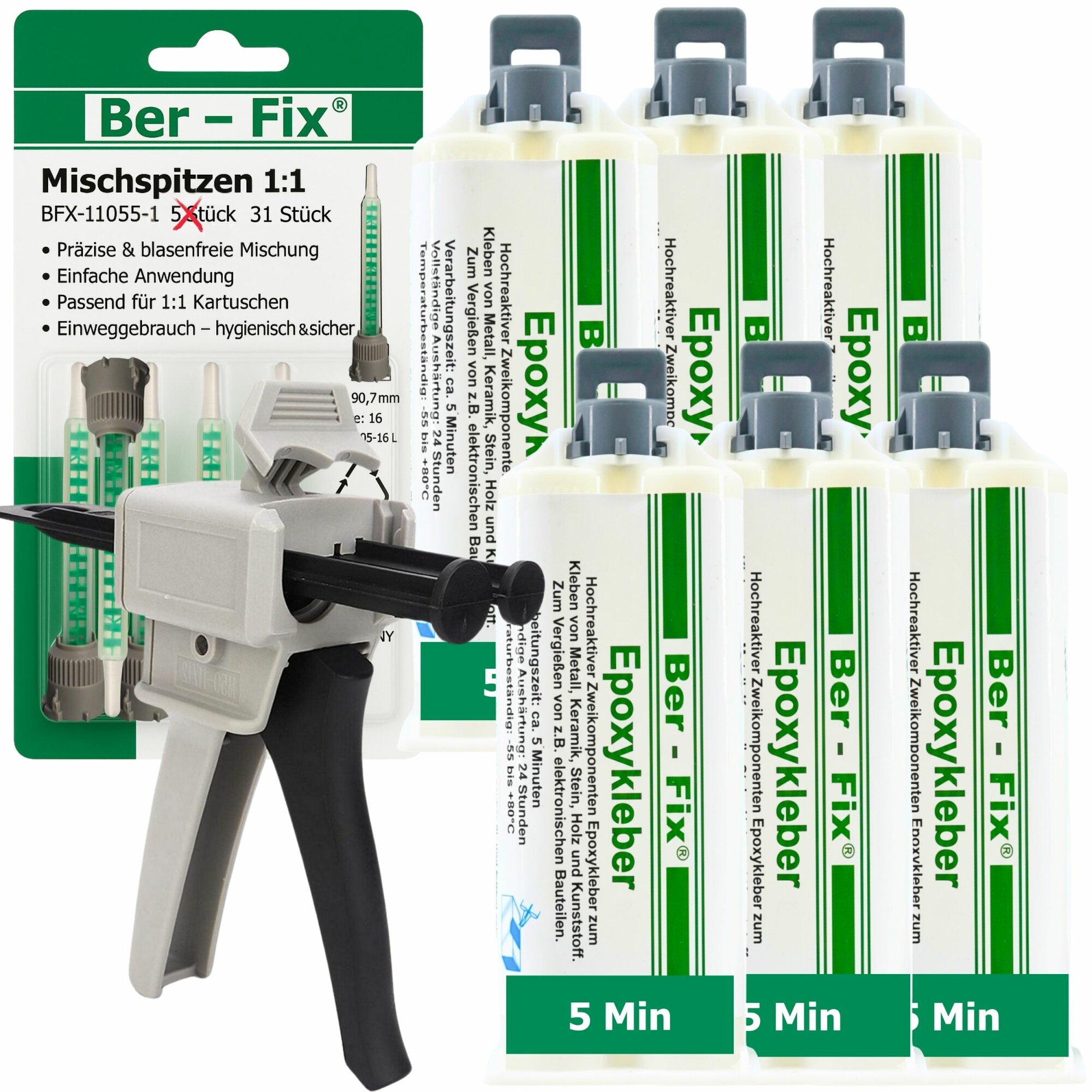 Ber-Fix® Epoxykleber 5 Min. 6x 50g + 25 Extra Düsen + Dosierpistole