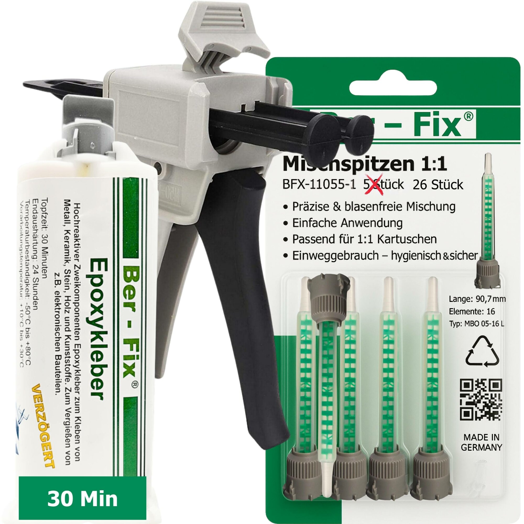 Ber-Fix® 2K Epoxidkleber 30 Min. 50 g + 25 Mischdüsen + Dosierpistole
