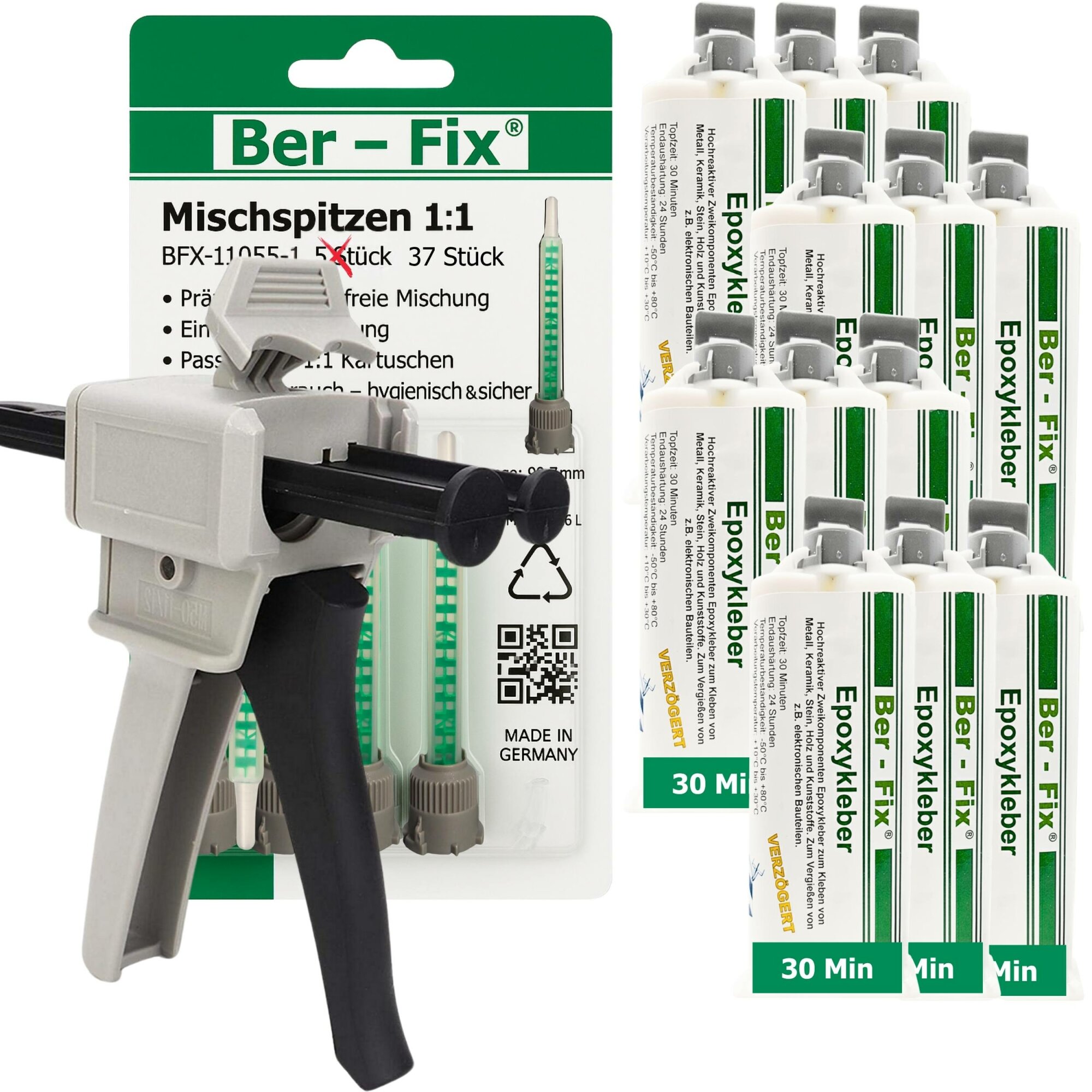 Ber-Fix® Epoxykleber 30 Min. 12x 50g + 25 Extra Düsen + Dosierpistole