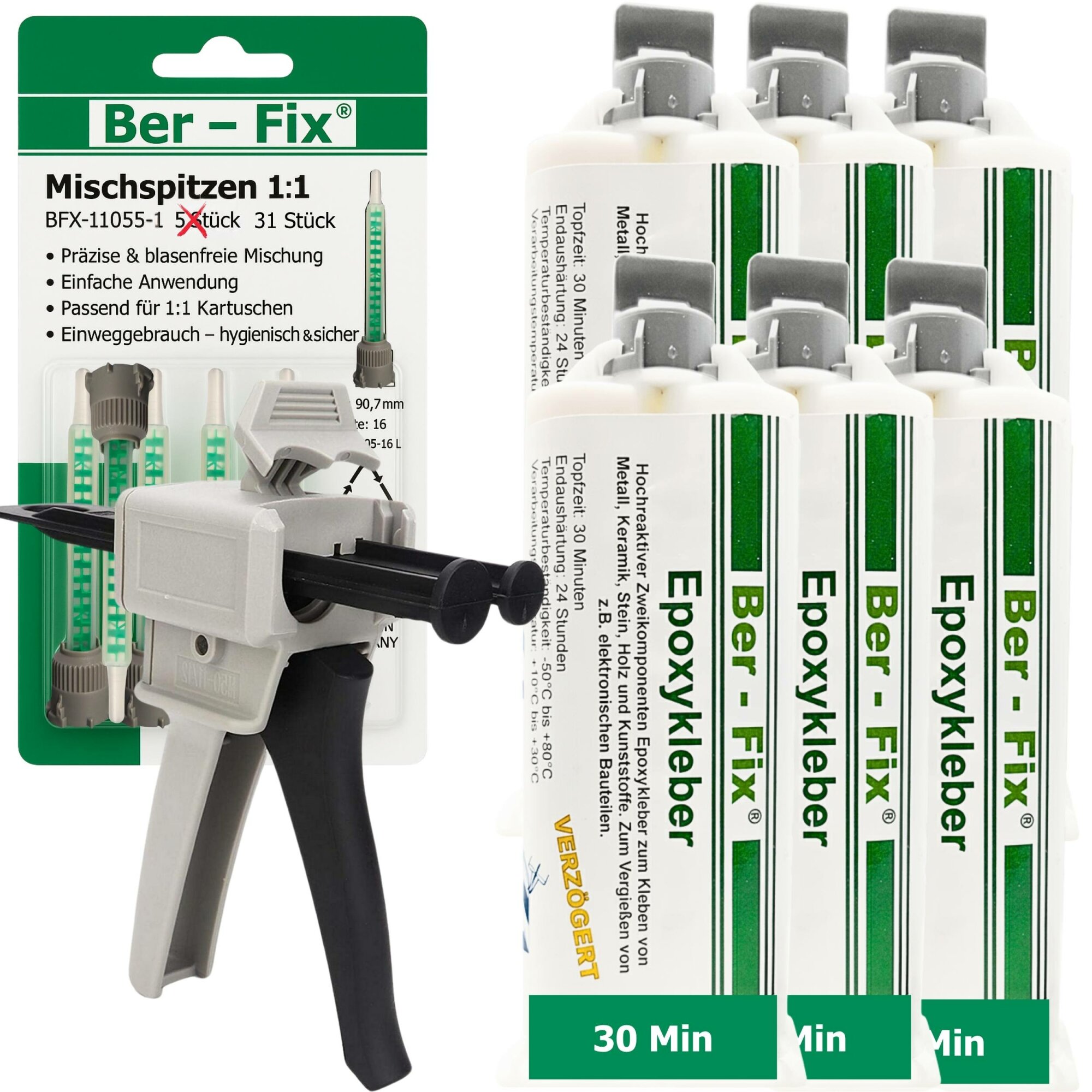 Ber-Fix® Epoxykleber 30 Min. 6x 50g + 25 Extra Düsen + Dosierpistole
