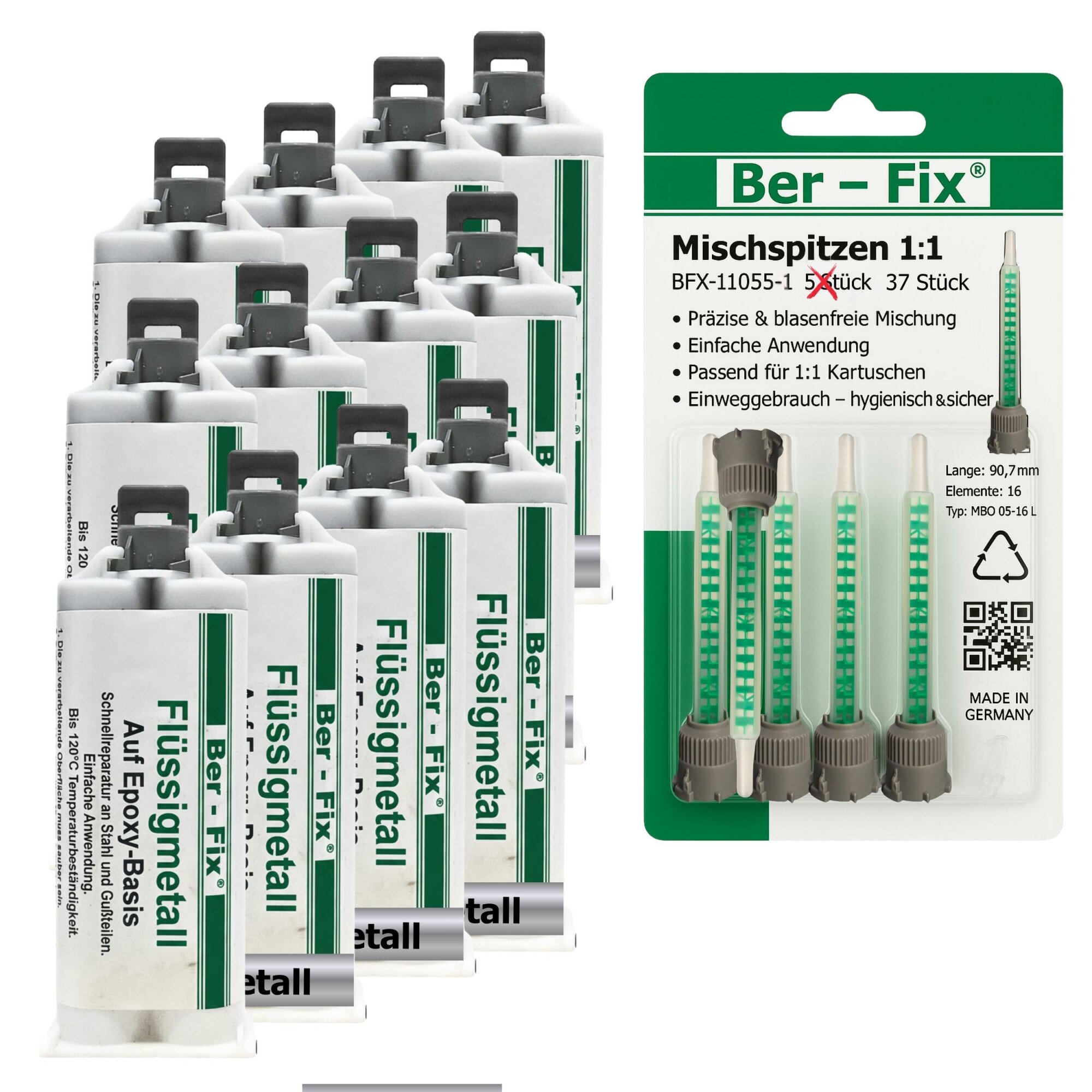 Ber-Fix® Flüssigmetall 12 × 50g – metallgefüllter 2K-Epoxid-Metallkleber für Maschinenbau und Instandhaltung, für 1:1-Dosierpistole und 37 Mischdüsen