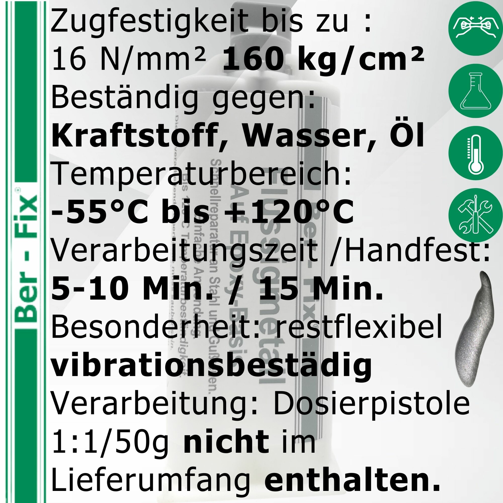 Ber-Fix® Flüssigmetall 12 × 50g – metallgefüllter 2K-Epoxid-Metallkleber für Maschinenbau und Instandhaltung, für 1:1-Dosierpistole und 37 Mischdüsen
