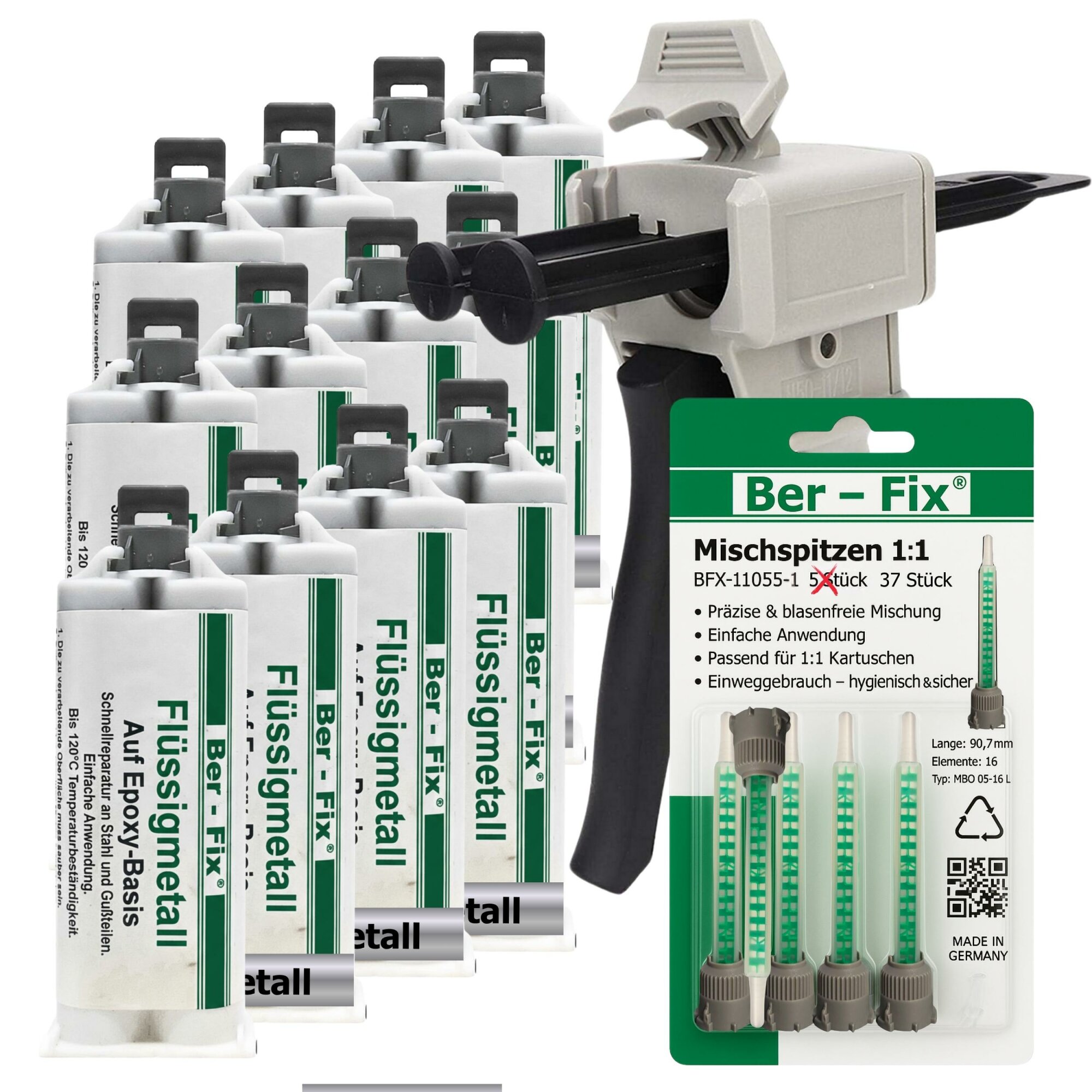 Ber-Fix® Flüssigmetall 12x 50g + 25 Extra Düsen + Dosierpistole