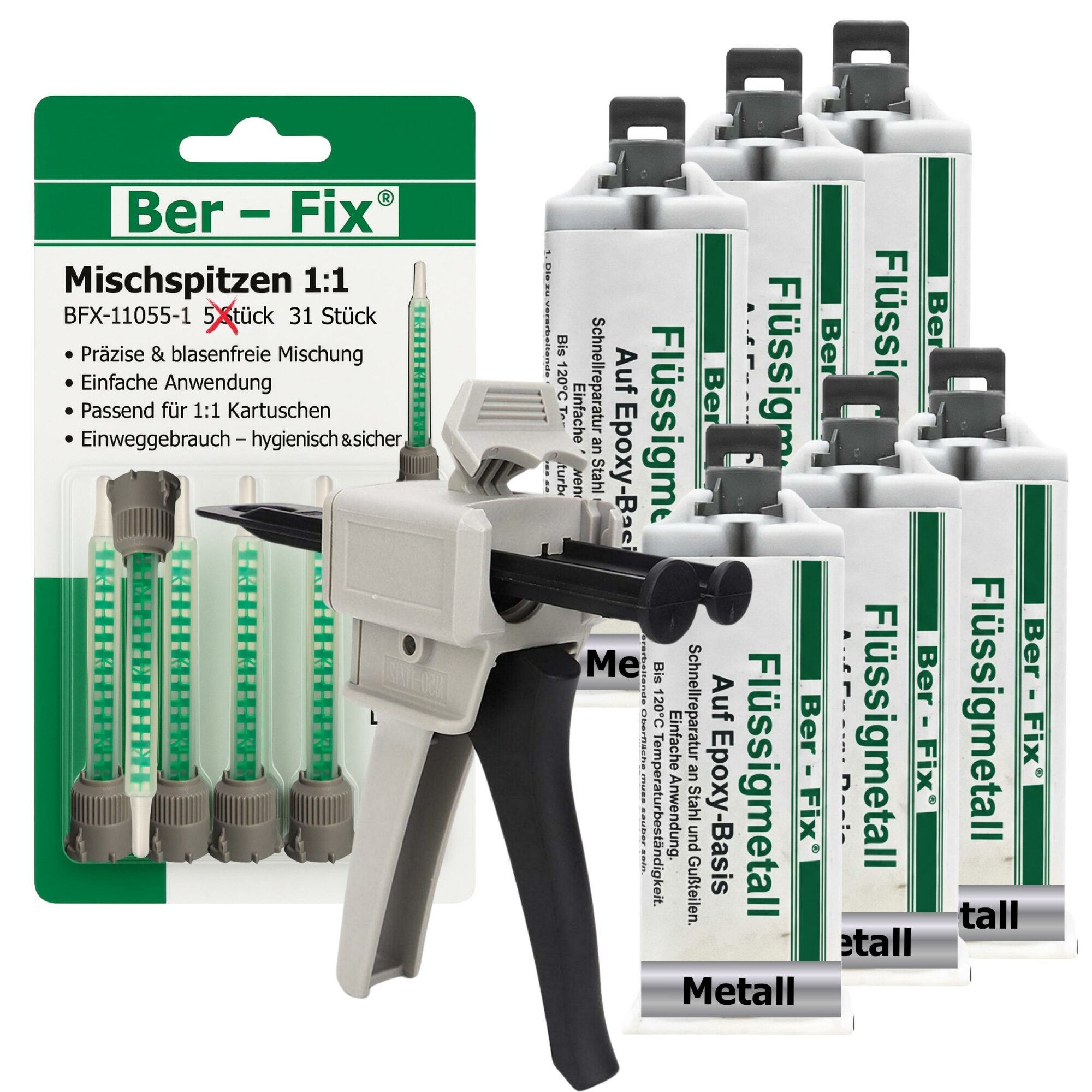 Ber-Fix® Flüssigmetall 6x 50g + 25 Extra Düsen + Dosierpistole
