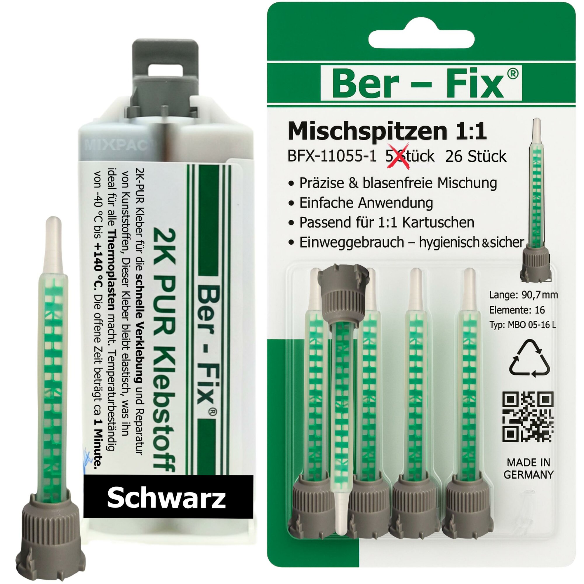 Ber-Fix® 2K-PUR Kleber schwarz – Hochfester Konstruktionskleber – 50g + 25 Extra Düsen