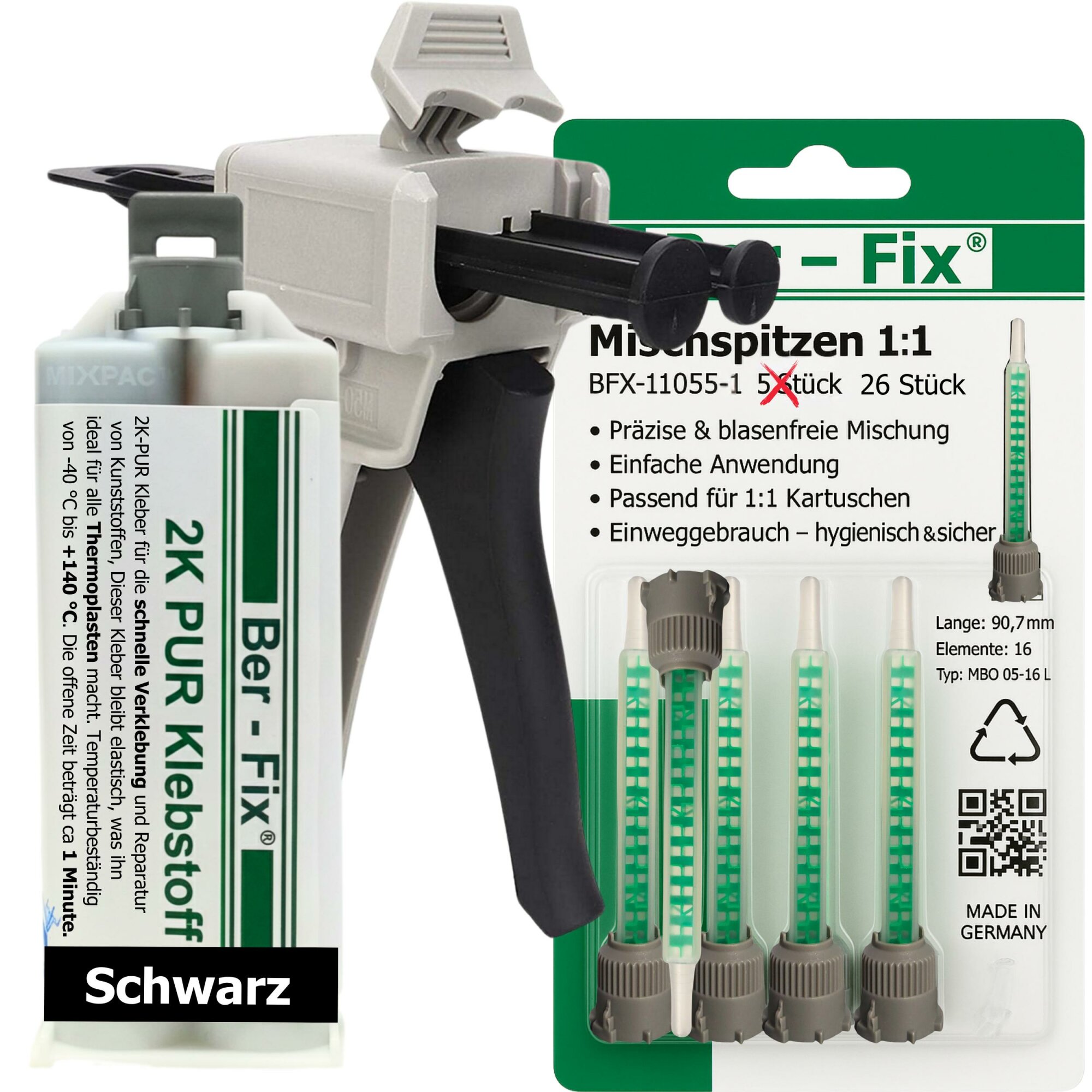 Ber-Fix® 2K-PUR Kleber schwarz – Hochfester Konstruktionskleber – 50g + 25 Extra Düsen + Dosierpistole