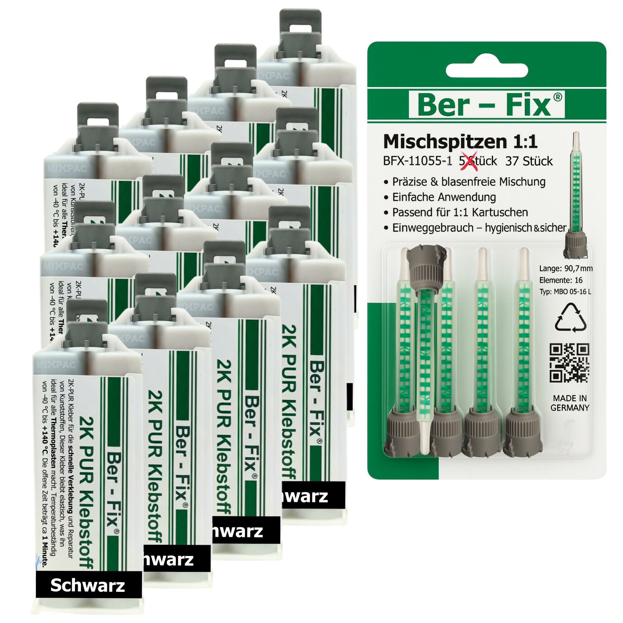 Ber-Fix® 2K-PUR Kleber schwarz – Hochfester Konstruktionskleber – 12x 50g + 25 Extra Düsen