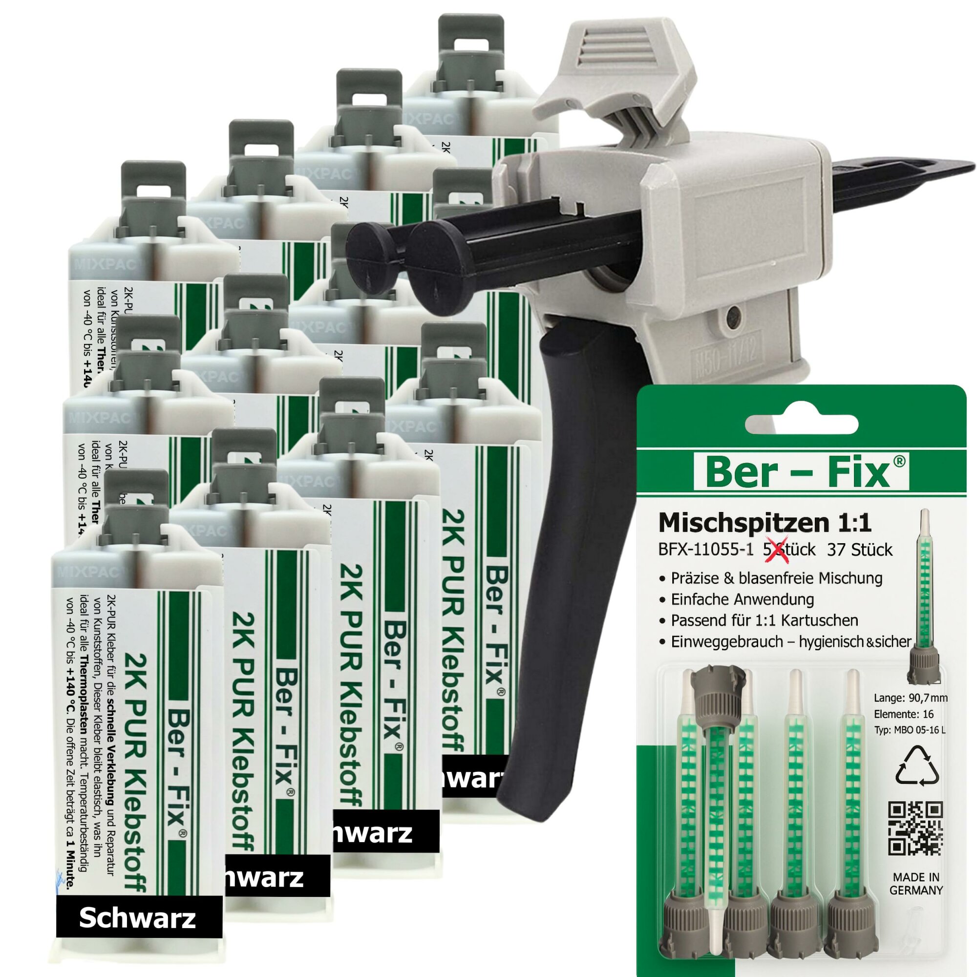 Ber-Fix® 2K-PUR Kleber schwarz – Hochfester Konstruktionskleber – 12x 50g + 25 Extra Düsen + Dosierpistole