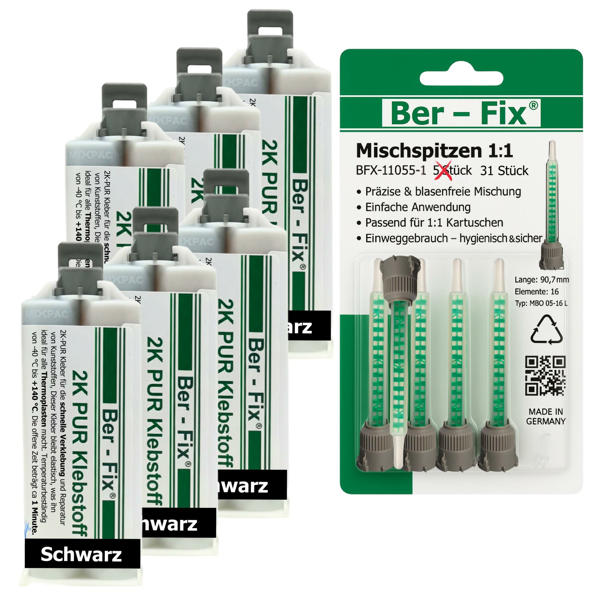 Ber-Fix® 2K-PUR Kleber schwarz – Hochfester Konstruktionskleber – 6x 50g + 25 Extra Düsen