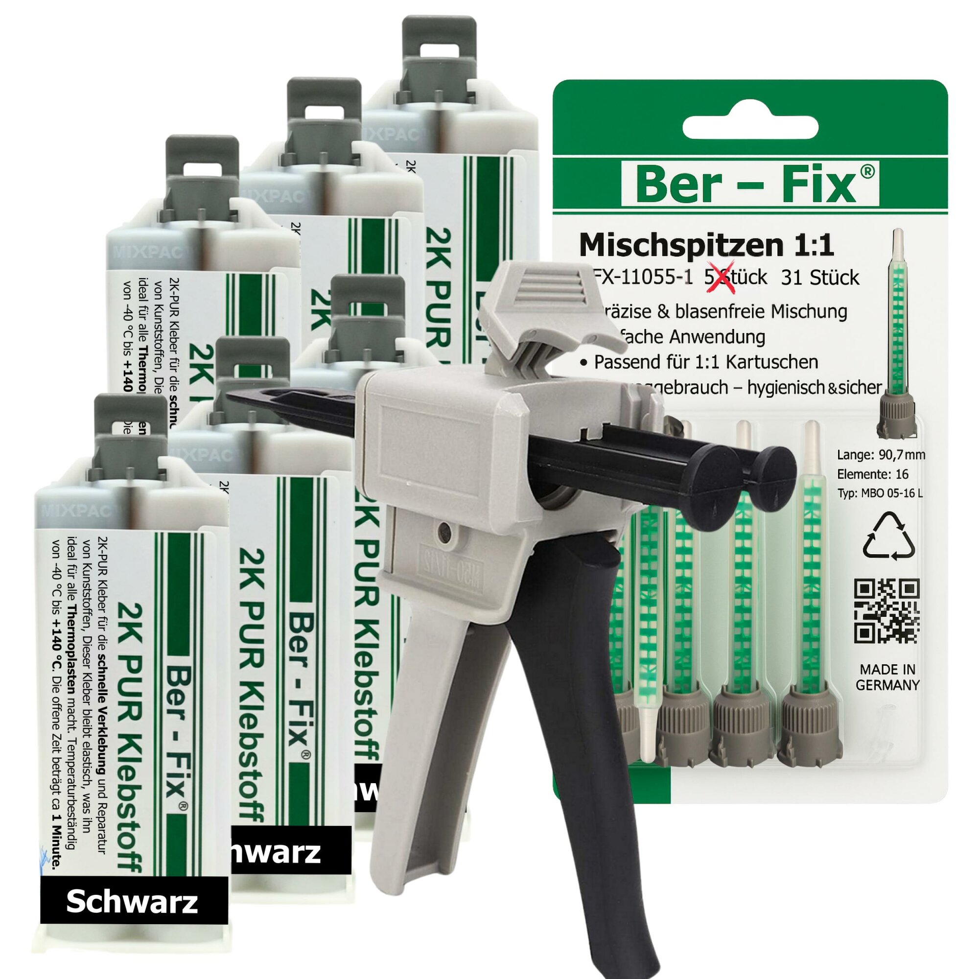 Ber-Fix® 2K-PUR Kleber schwarz – Hochfester Konstruktionskleber – 6x 50g + 25 Extra Düsen + Dosierpistole
