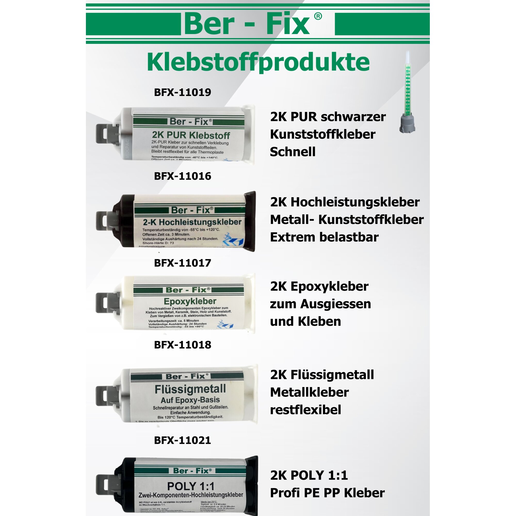 Ber-Fix® 2-Komponenten Kleber Set mit Dosierpistole 3x 50g Kartuschen, 28 Spitzen, 400ml Universalreiniger