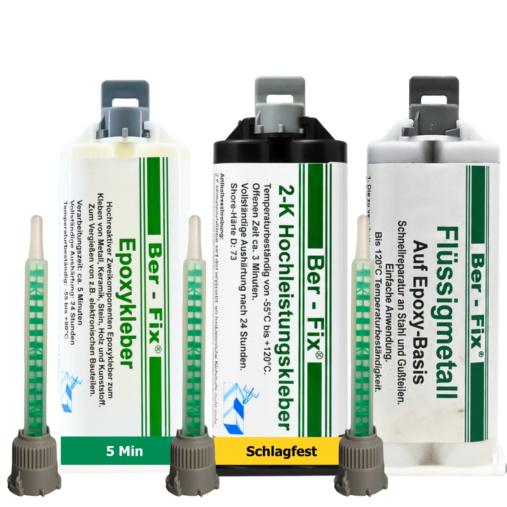 Ber-Fix® 2K-Kleber Test-Set 3 × 50 g – MMA 3 Min., Epoxid 5 Min. & Flüssigmetall – 3 Mischdüsen