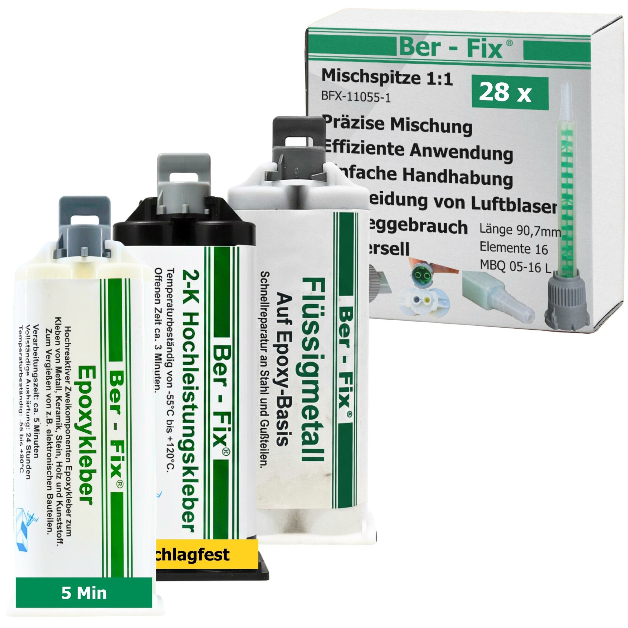 Ber-Fix® 2K-Kleber Test-Set 3 × 50 g – MMA 3 Min., Epoxid 5 Min. & Flüssigmetall – 28 Mischdüsen