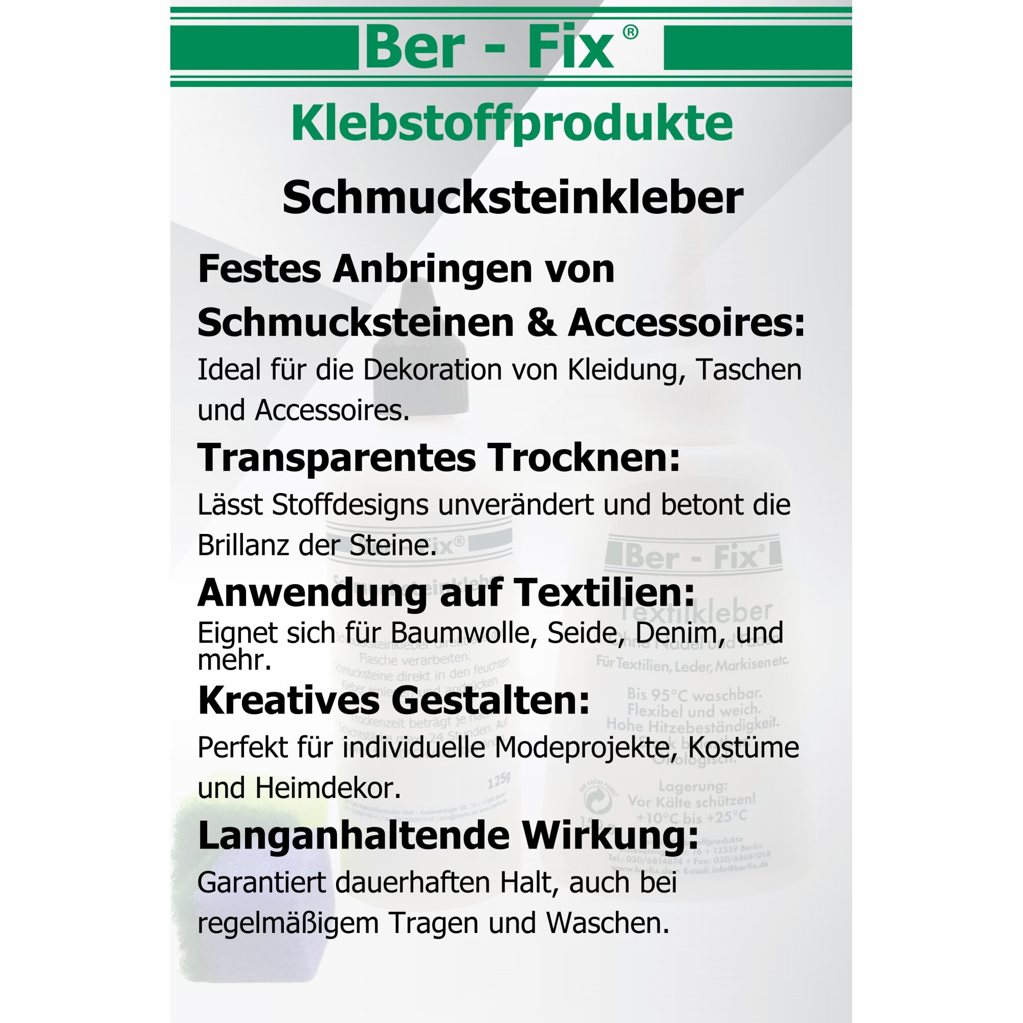 Ber-Fix® Schmucksteinkleber – 30 g und 125 g für Kostüm & Stoff