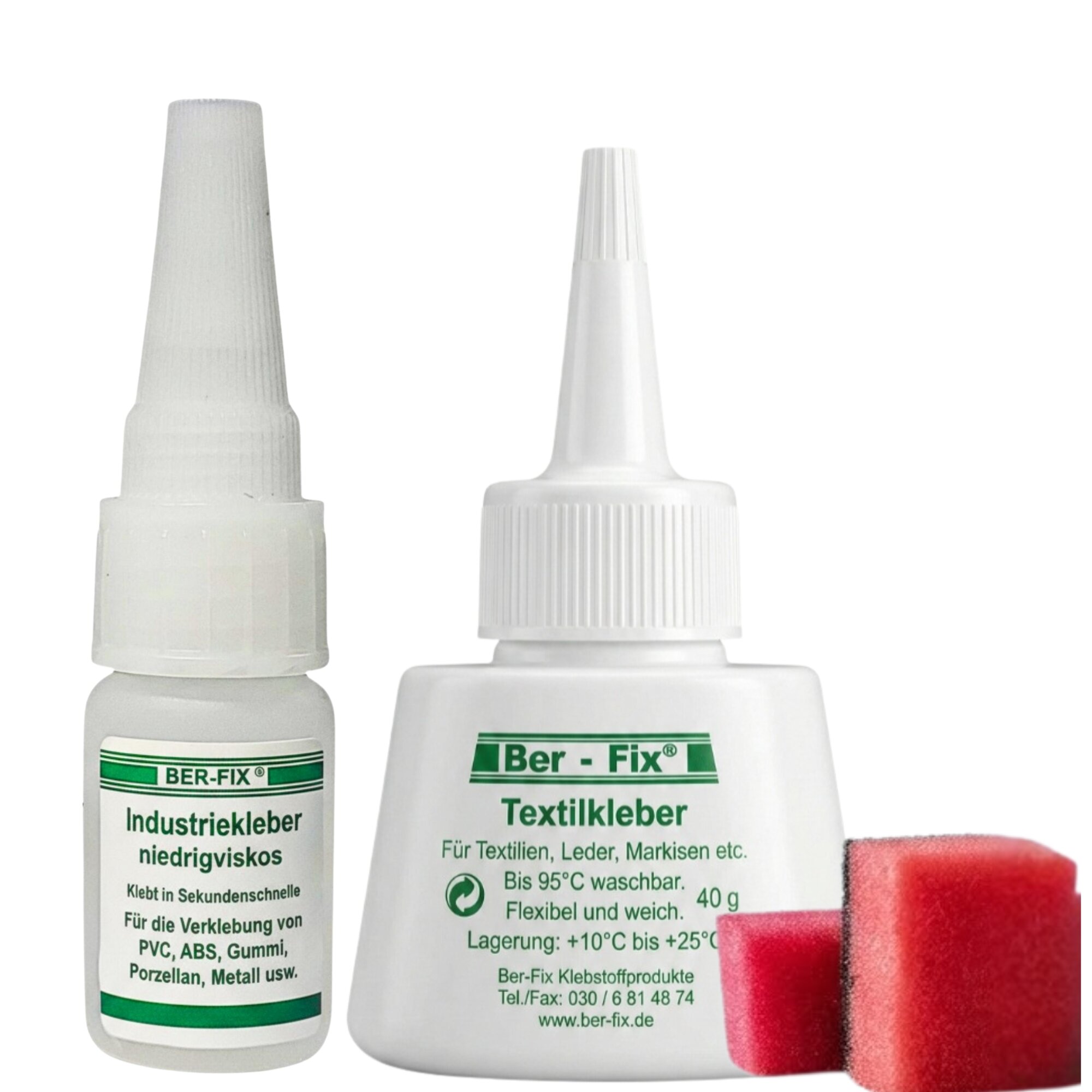 klein: (10g Ber-Fix® Industriekleber + 40g Textilkleber)